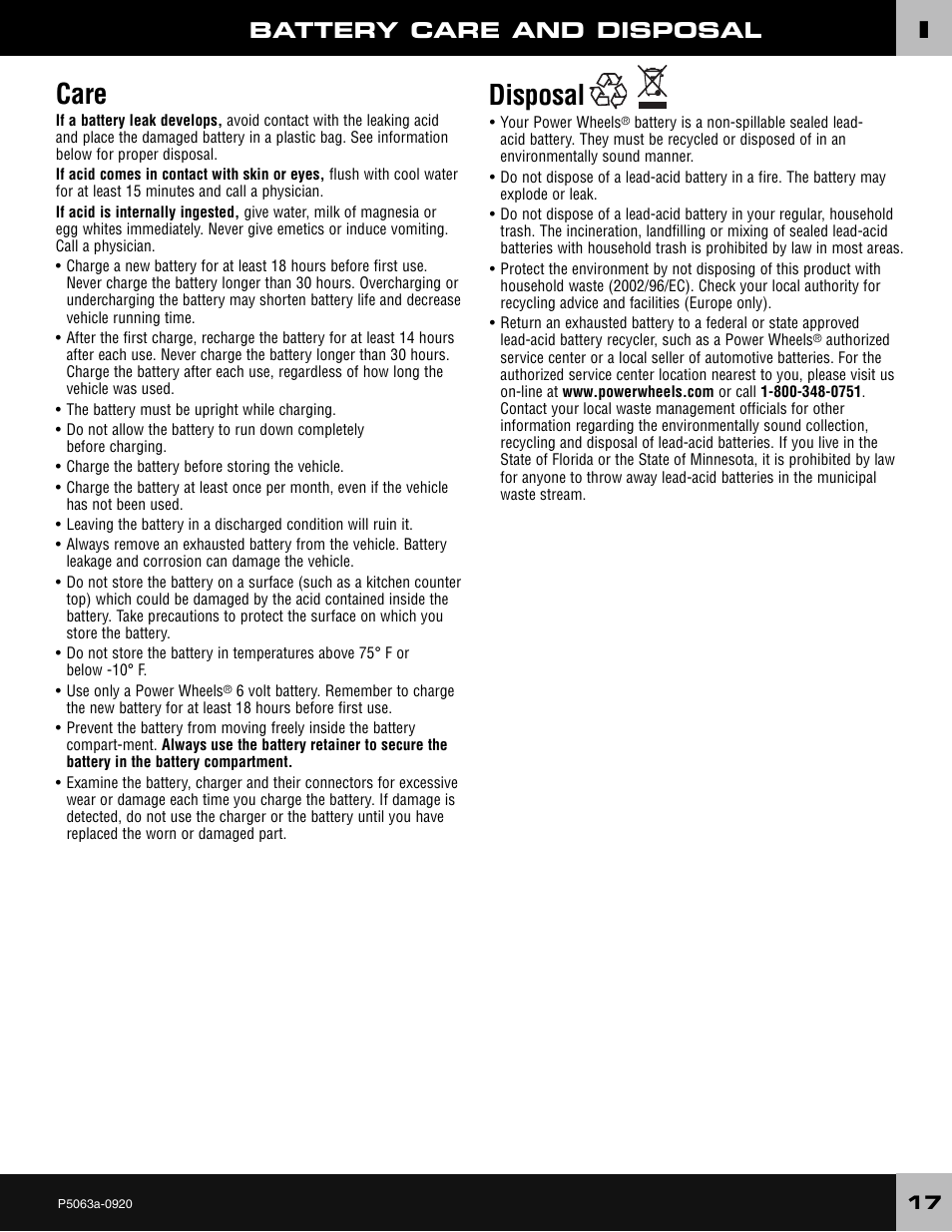 Care, Disposal, Battery care and disposal | Wrangler JEEP P5063 User Manual | Page 17 / 24