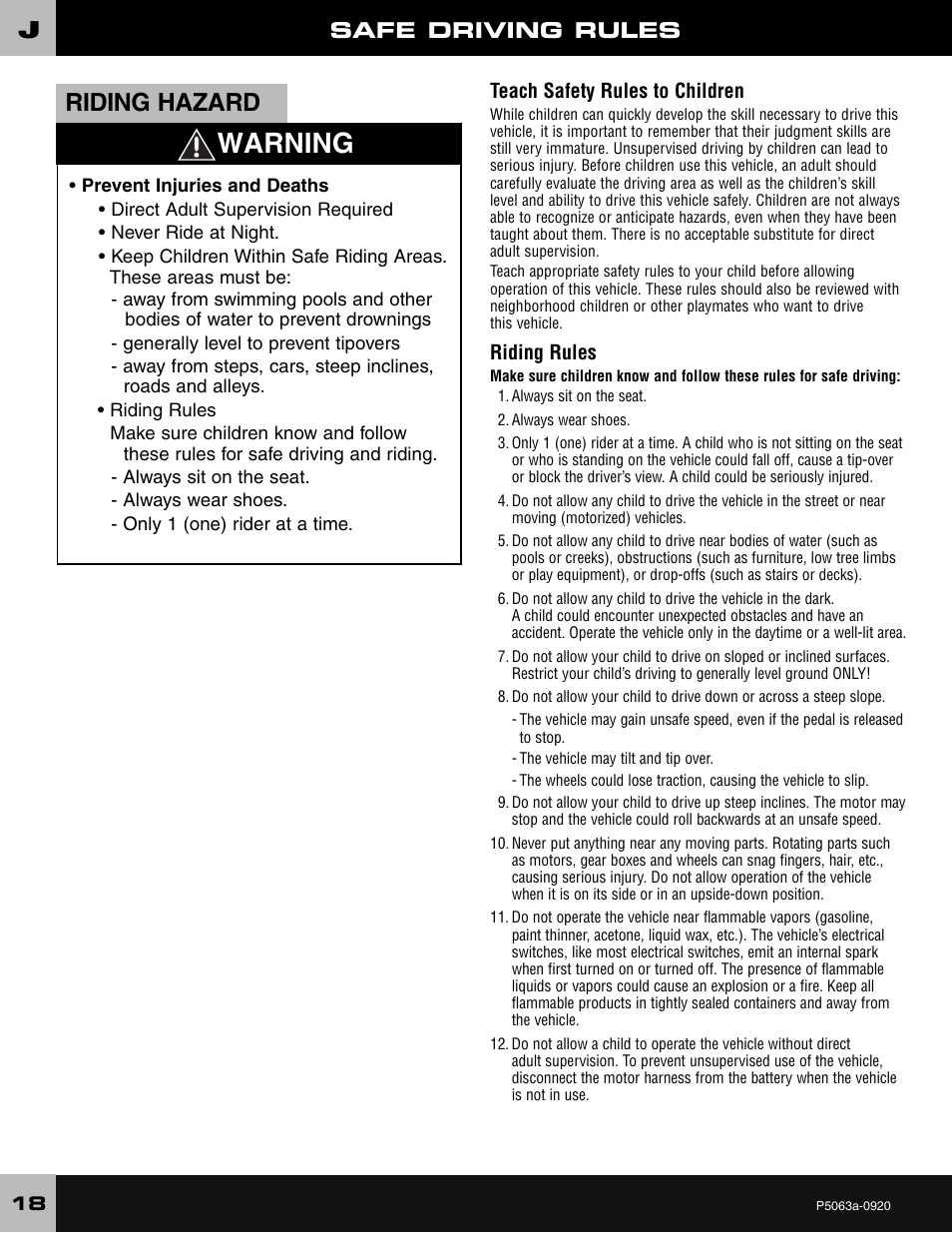 Warning, Riding hazard, Safe driving rules | Wrangler JEEP P5063 User Manual | Page 18 / 24