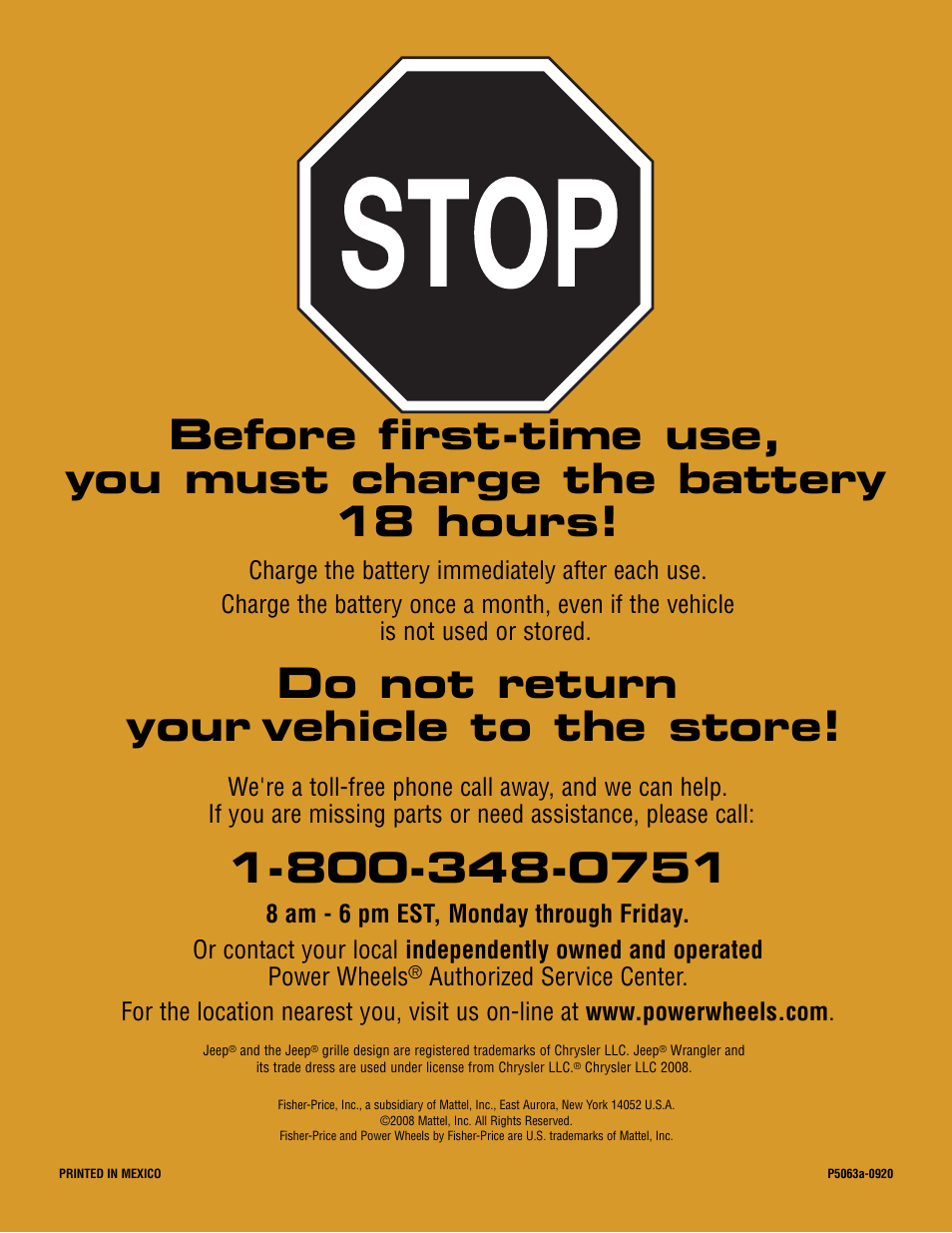 Do not return your vehicle to the store | Wrangler JEEP P5063 User Manual | Page 24 / 24
