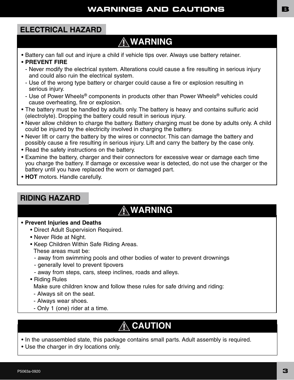 Caution, Warning, Electrical hazard | Riding hazard | Wrangler JEEP P5063 User Manual | Page 3 / 24