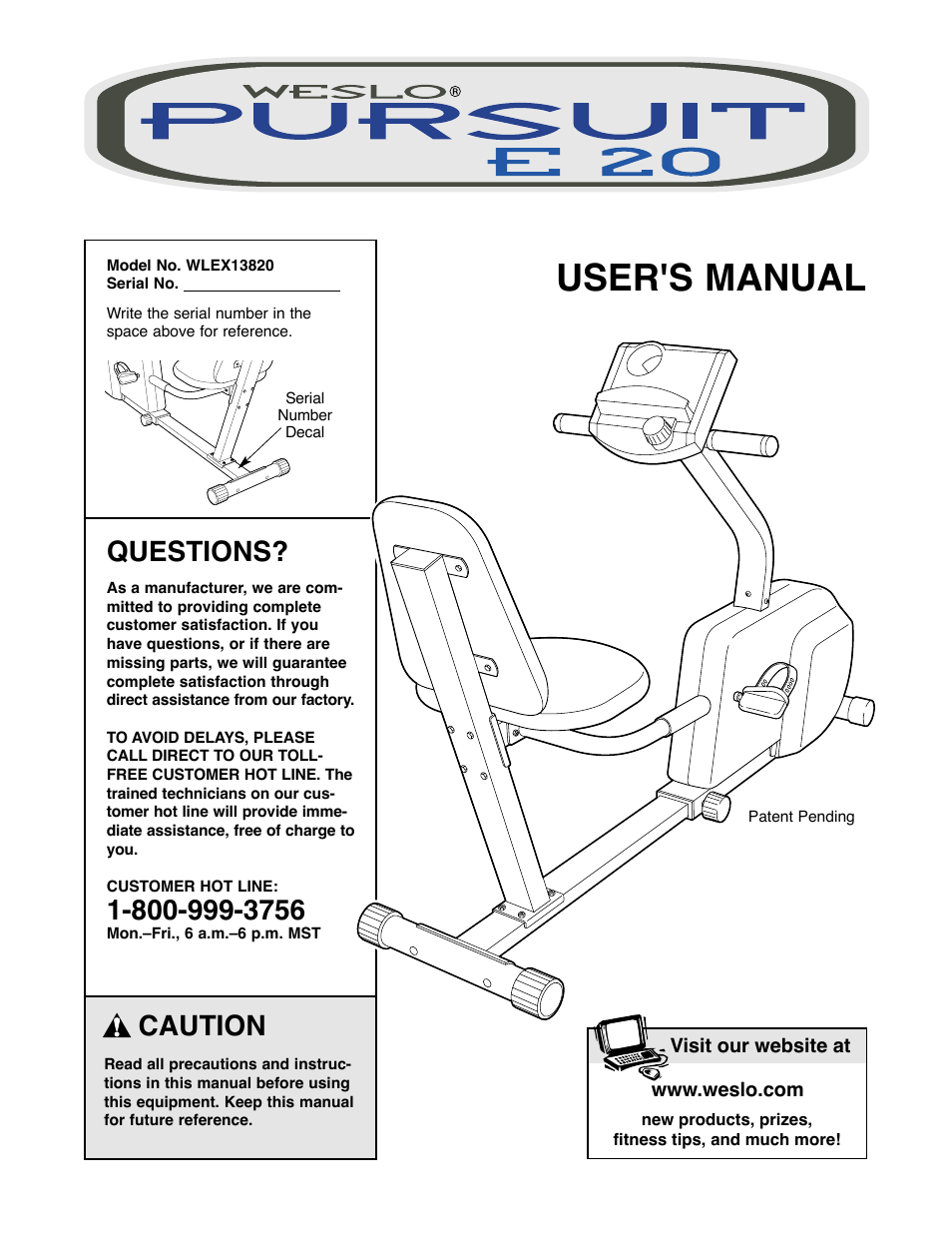 Weslo E 20 User Manual | 16 pages