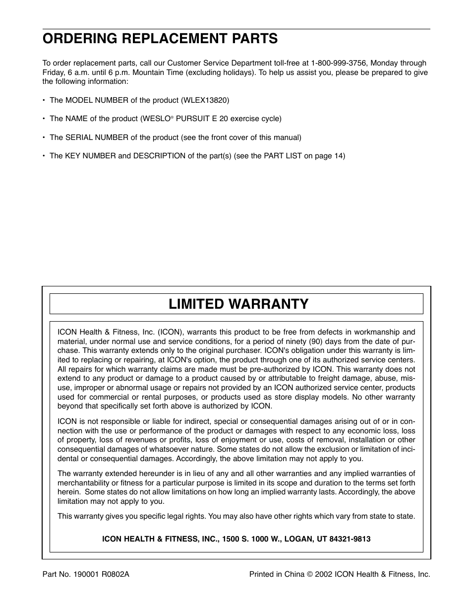 Ordering replacement parts, Limited warranty | Weslo E 20 User Manual | Page 16 / 16