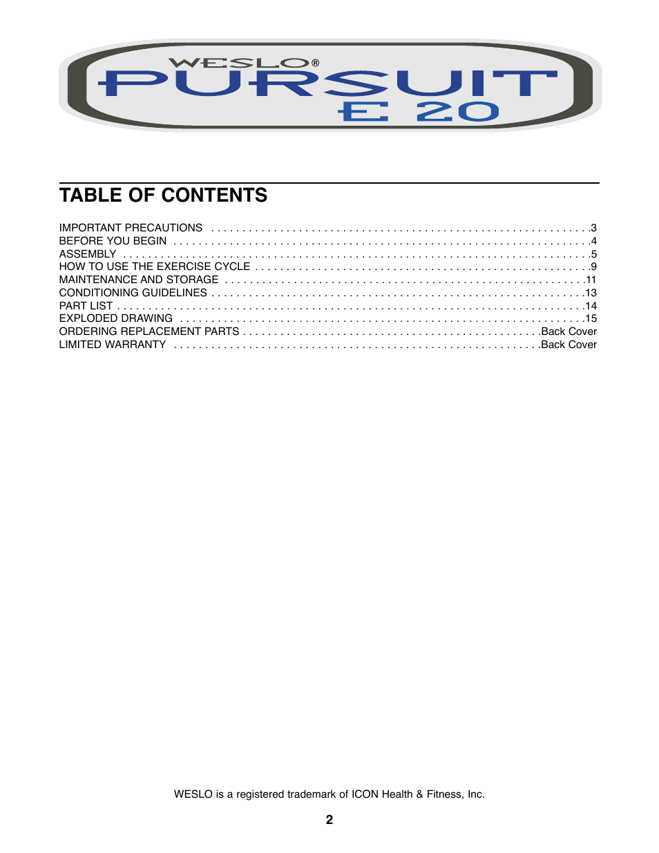 Weslo E 20 User Manual | Page 2 / 16