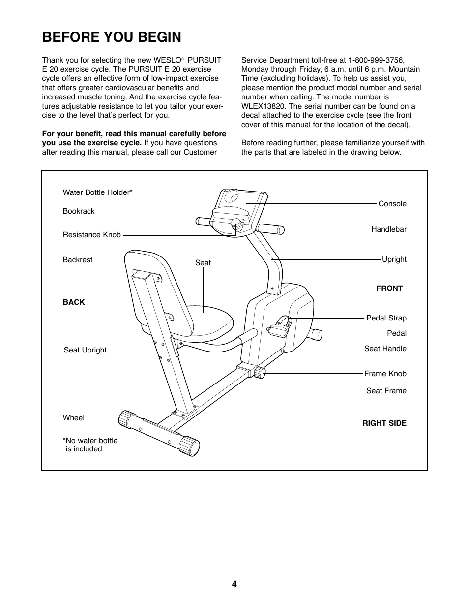 Before you begin | Weslo E 20 User Manual | Page 4 / 16