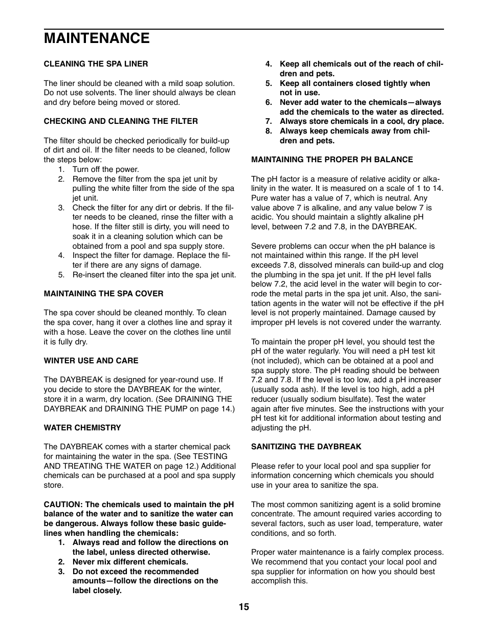 Maintenance | Weslo Daybreak SPRW52464 User Manual | Page 15 / 20