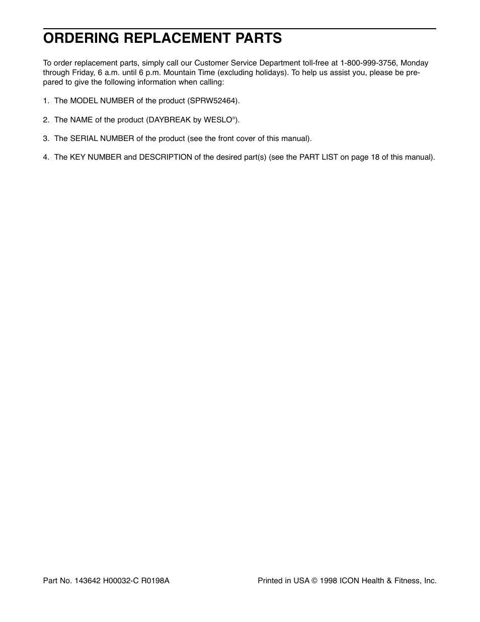 Ordering replacement parts | Weslo Daybreak SPRW52464 User Manual | Page 20 / 20