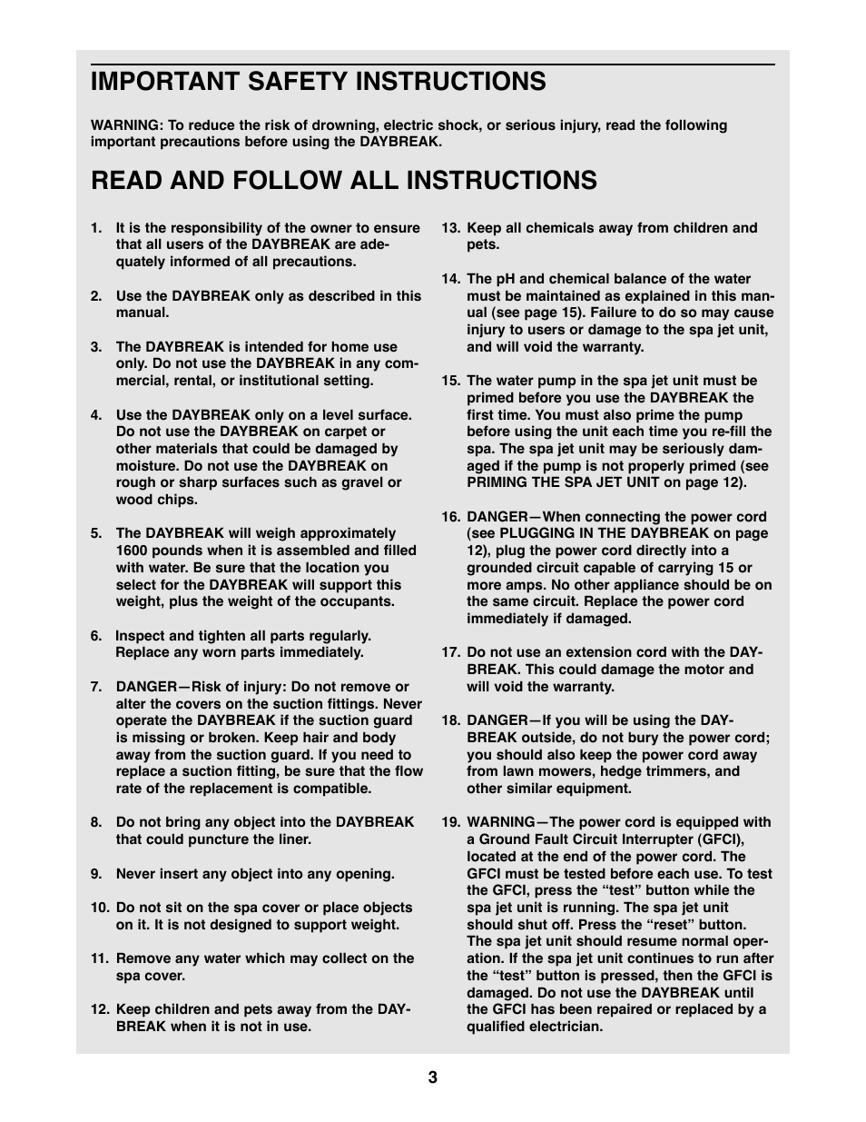 Important safety instructions, Read and follow all instructions | Weslo Daybreak SPRW52464 User Manual | Page 3 / 20