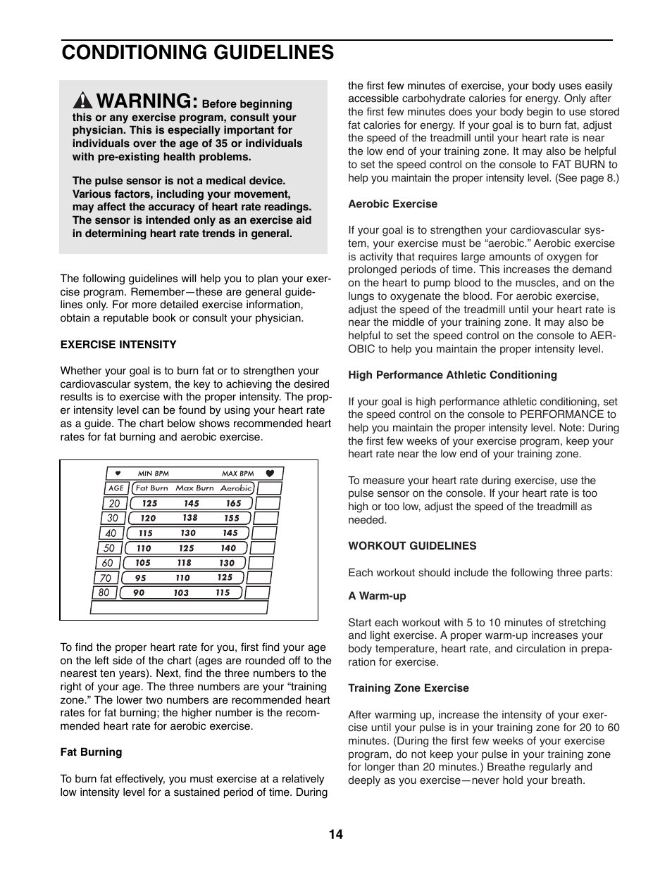 Conditioning guidelines, Warning | Weslo WLTL41582 User Manual | Page 14 / 18