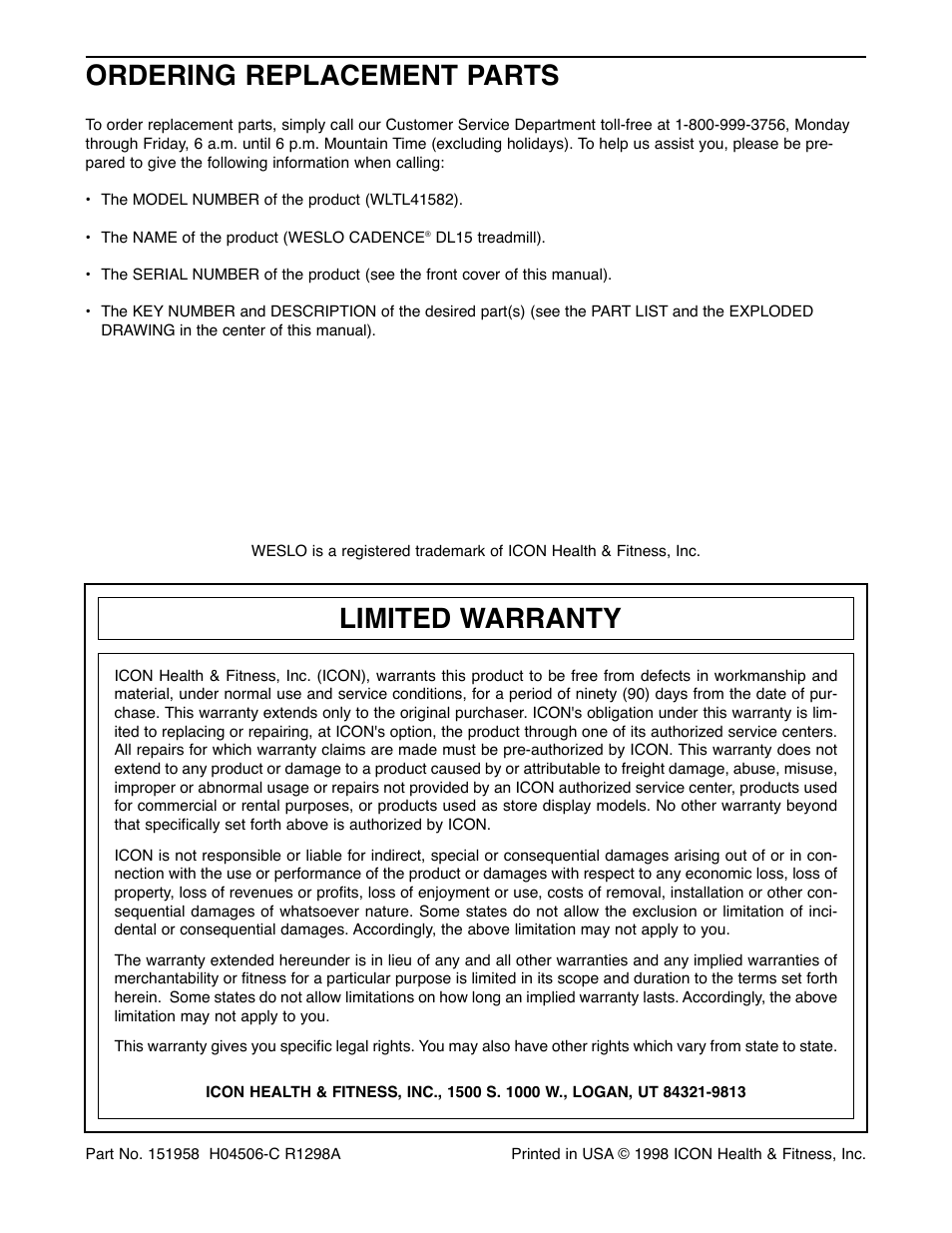 Ordering replacement parts, Limited warranty | Weslo WLTL41582 User Manual | Page 18 / 18