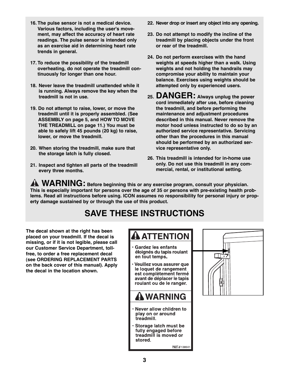 Danger, Warning, Save these instructions | Weslo WLTL41582 User Manual | Page 3 / 18
