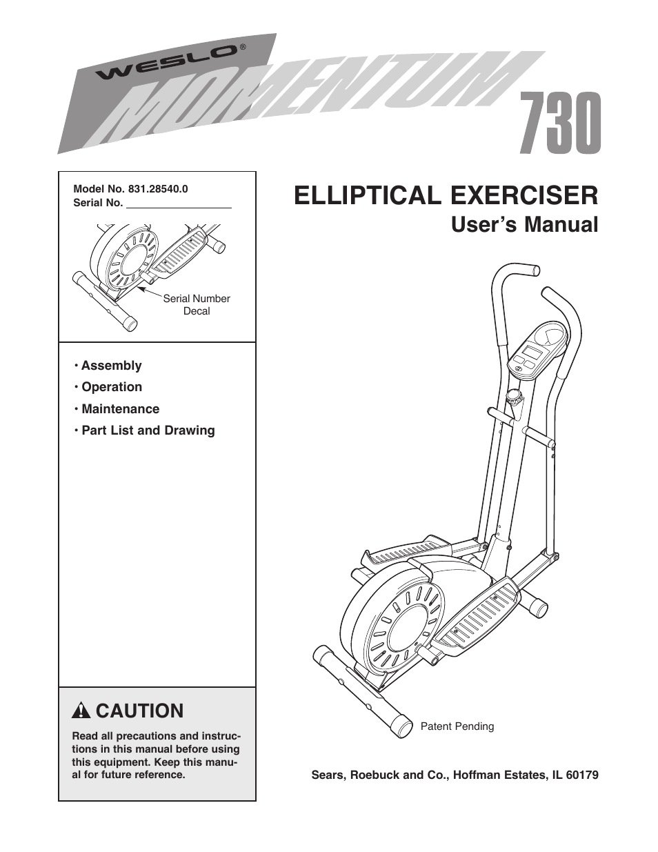 Weslo MOMENTUM 730 ELLIPTICAL EXERCISER 831.28540.0 User Manual | 16 pages