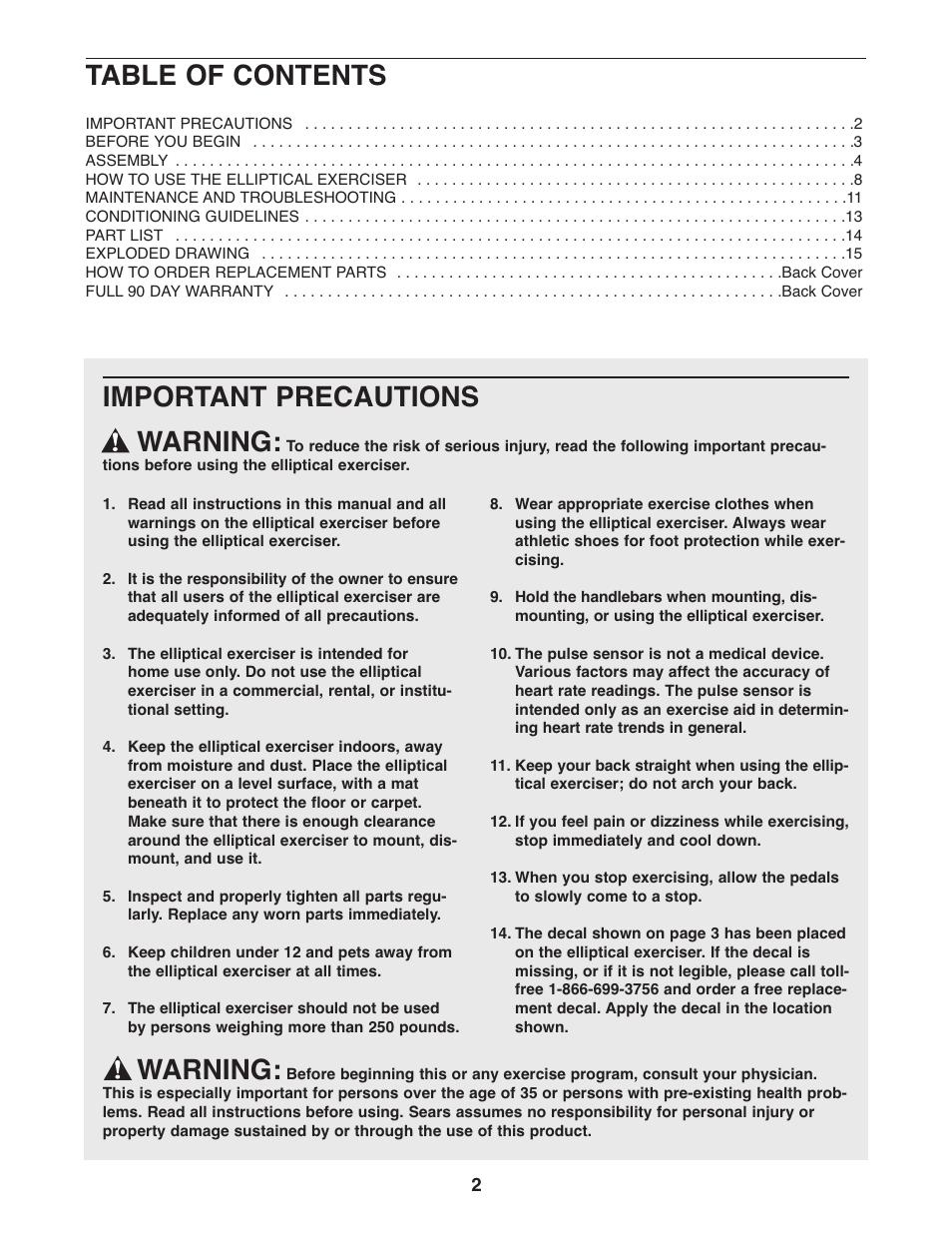 Weslo MOMENTUM 730 ELLIPTICAL EXERCISER 831.28540.0 User Manual | Page 2 / 16