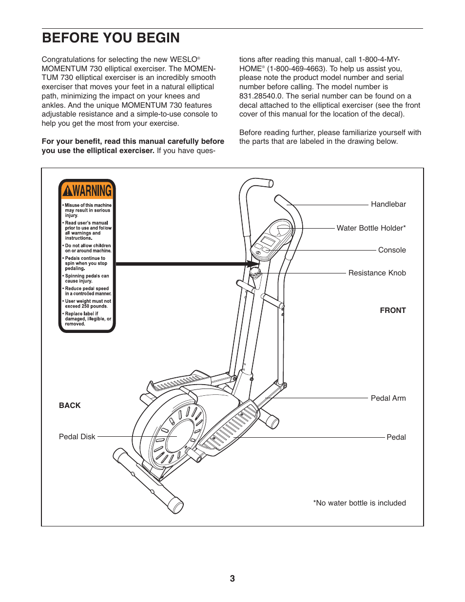 Before you begin | Weslo MOMENTUM 730 ELLIPTICAL EXERCISER 831.28540.0 User Manual | Page 3 / 16