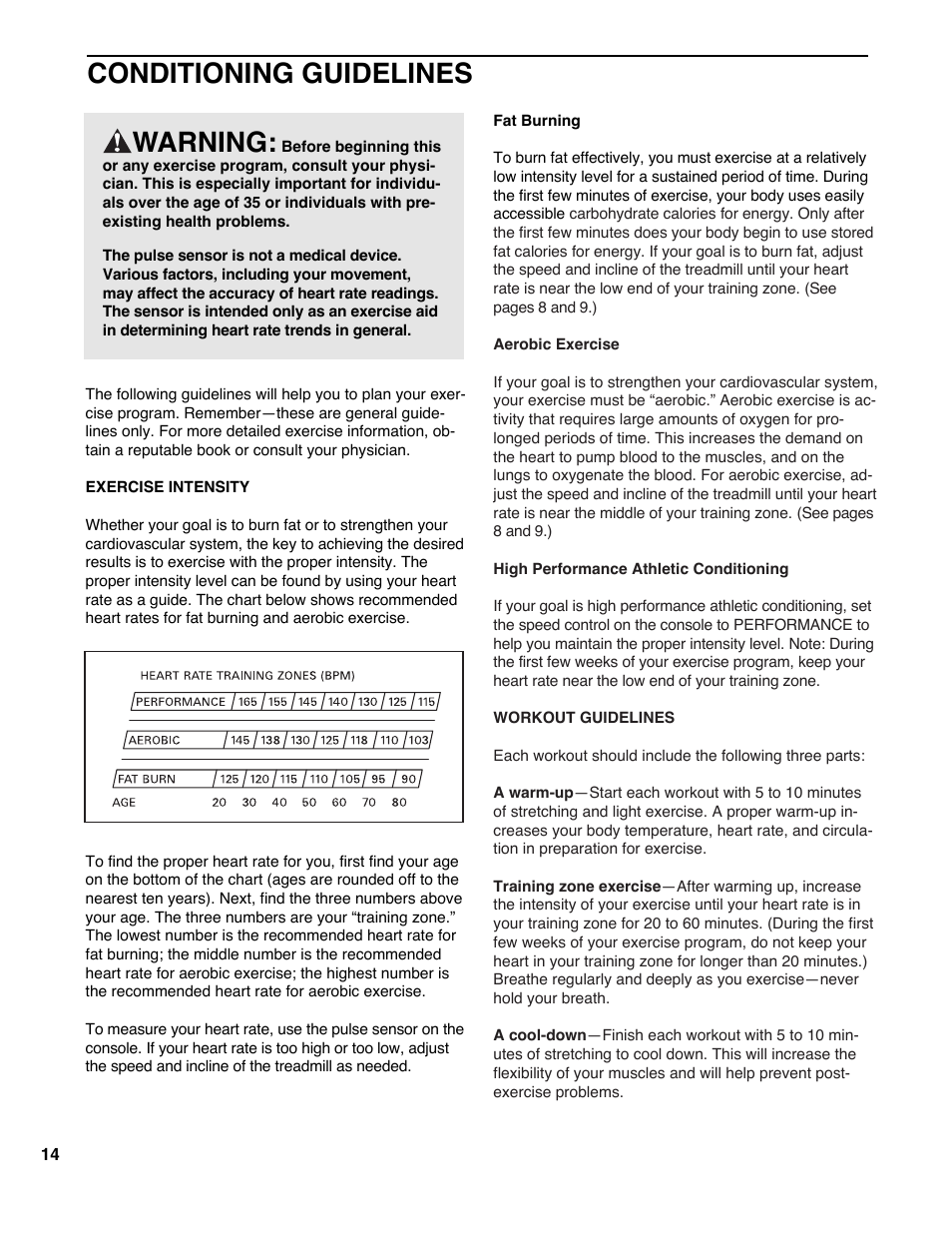 Conditioning guidelines, Warning | Weslo WLTL33090 User Manual | Page 14 / 18