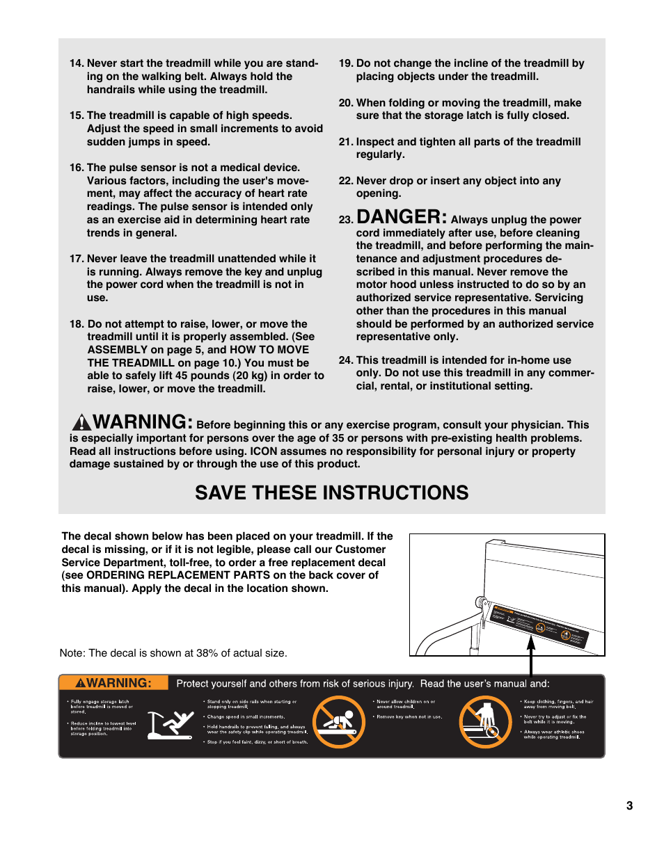 Danger, Warning, Save these instructions | Weslo WLTL33090 User Manual | Page 3 / 18