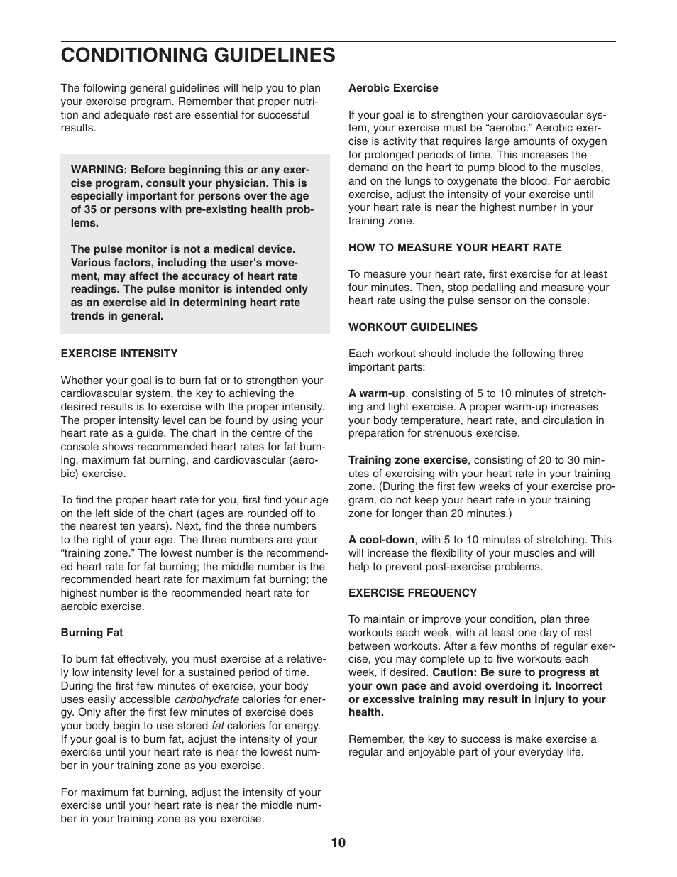Conditioning guidelines | Weslo 795I User Manual | Page 10 / 16