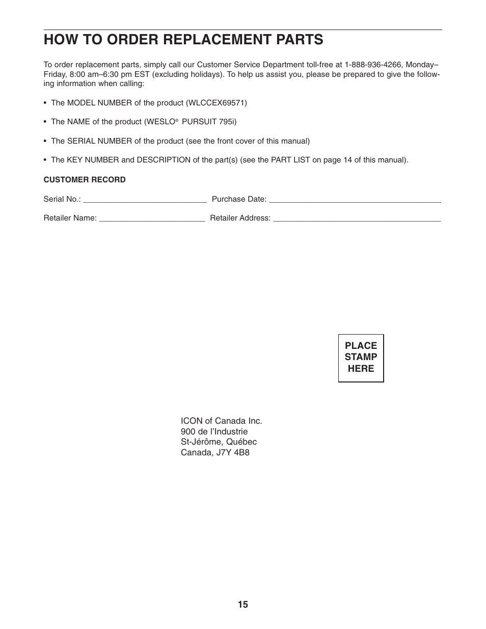 How to order replacement parts | Weslo 795I User Manual | Page 15 / 16