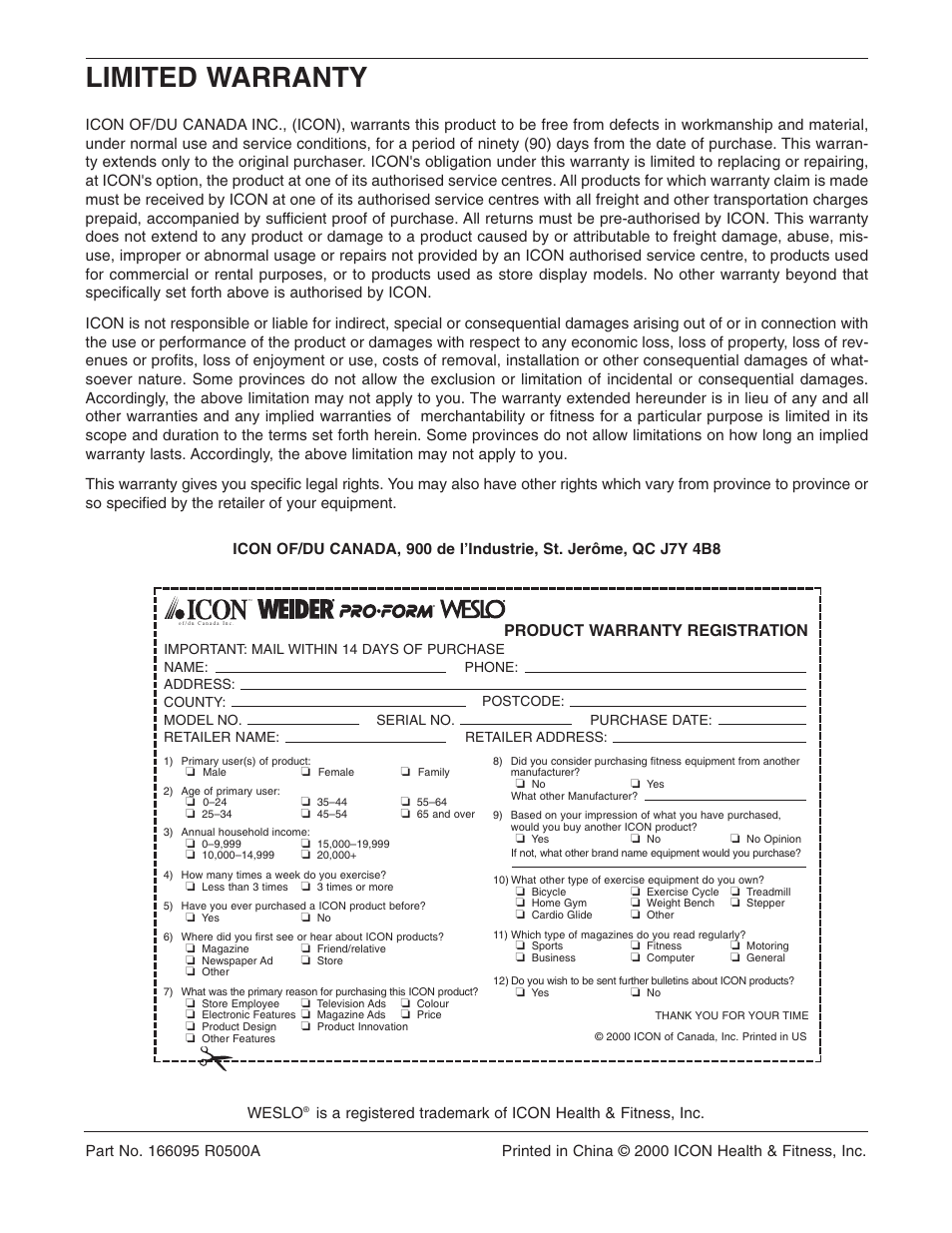Limited warranty, Product warranty registration, Weslo | Weslo 795I User Manual | Page 16 / 16