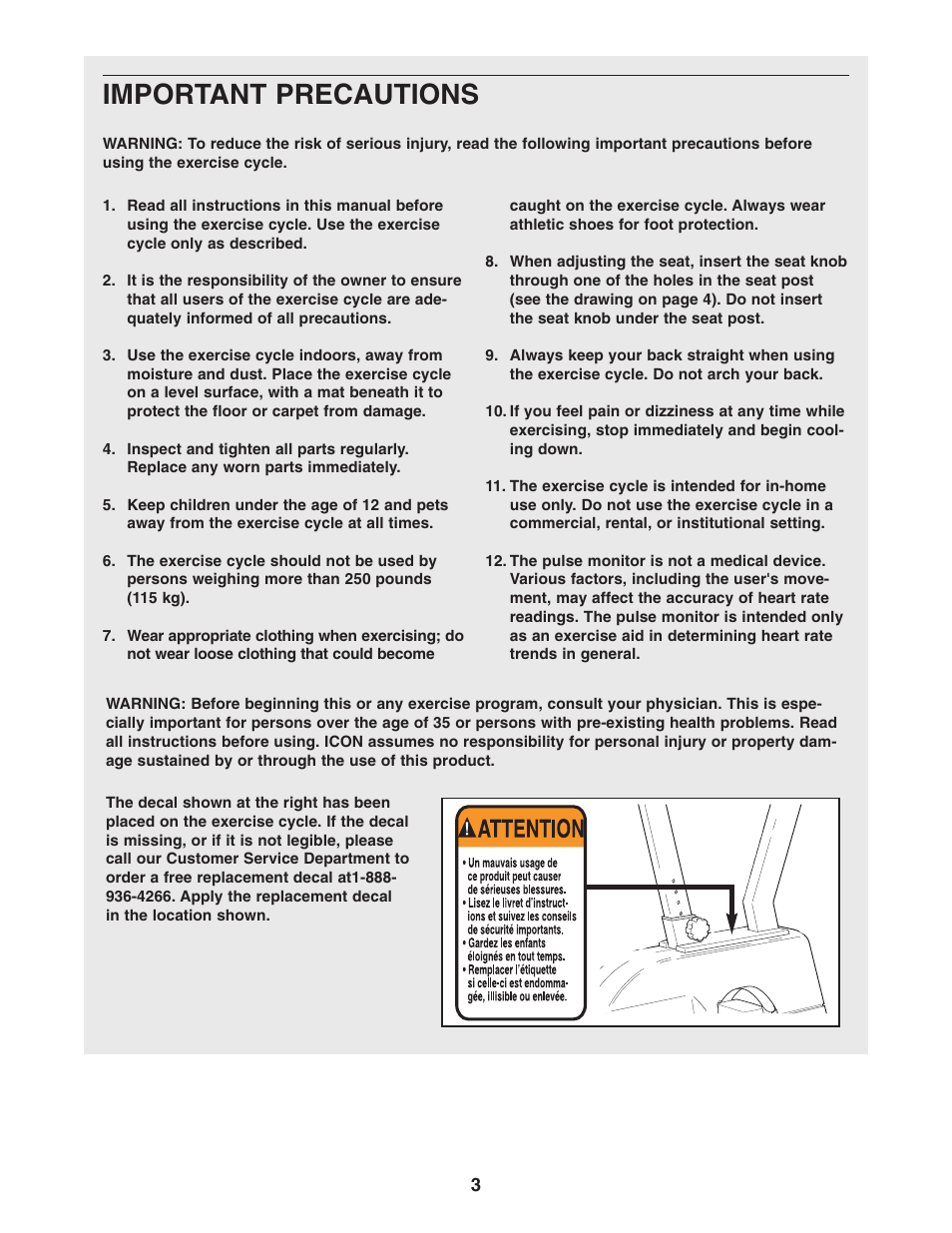 Important precautions | Weslo 795I User Manual | Page 3 / 16