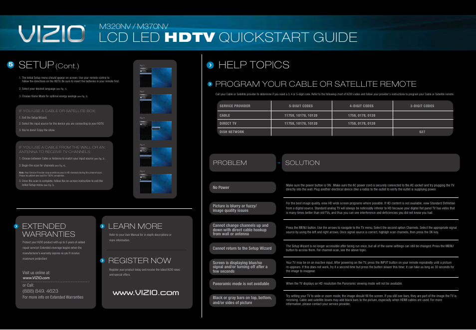Lcd led hdtv quickstart guide, Help topics setup, Extended warranties learn more register now | Program your cable or satellite remote, Cont.), Problem solution | Weslo M320NV User Manual | Page 2 / 2