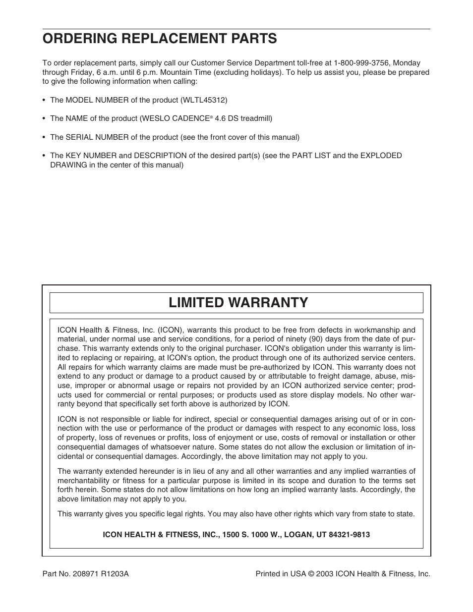 Ordering replacement parts, Limited warranty | Weslo WLTL45312 User Manual | Page 23 / 23