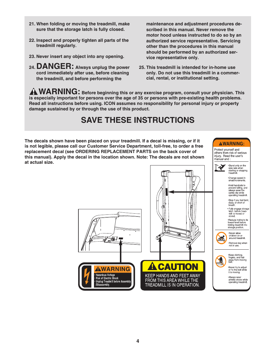 Danger, Warning, Save these instructions | Weslo WLTL45312 User Manual | Page 4 / 23