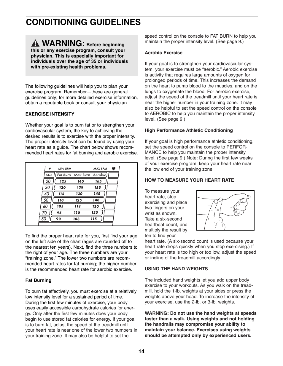 Conditioning guidelines, Warning | Weslo WLTL29200 User Manual | Page 14 / 18
