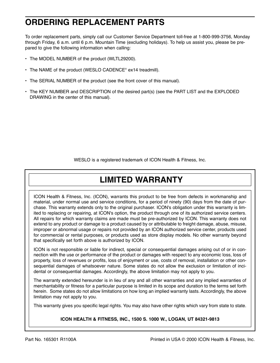 Ordering replacement parts, Limited warranty | Weslo WLTL29200 User Manual | Page 18 / 18