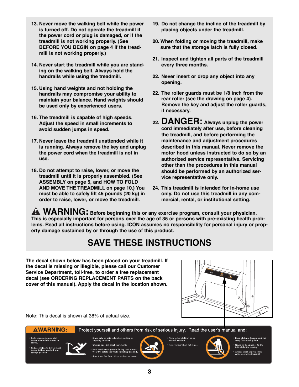 Danger, Warning, Save these instructions | Weslo WLTL29200 User Manual | Page 3 / 18