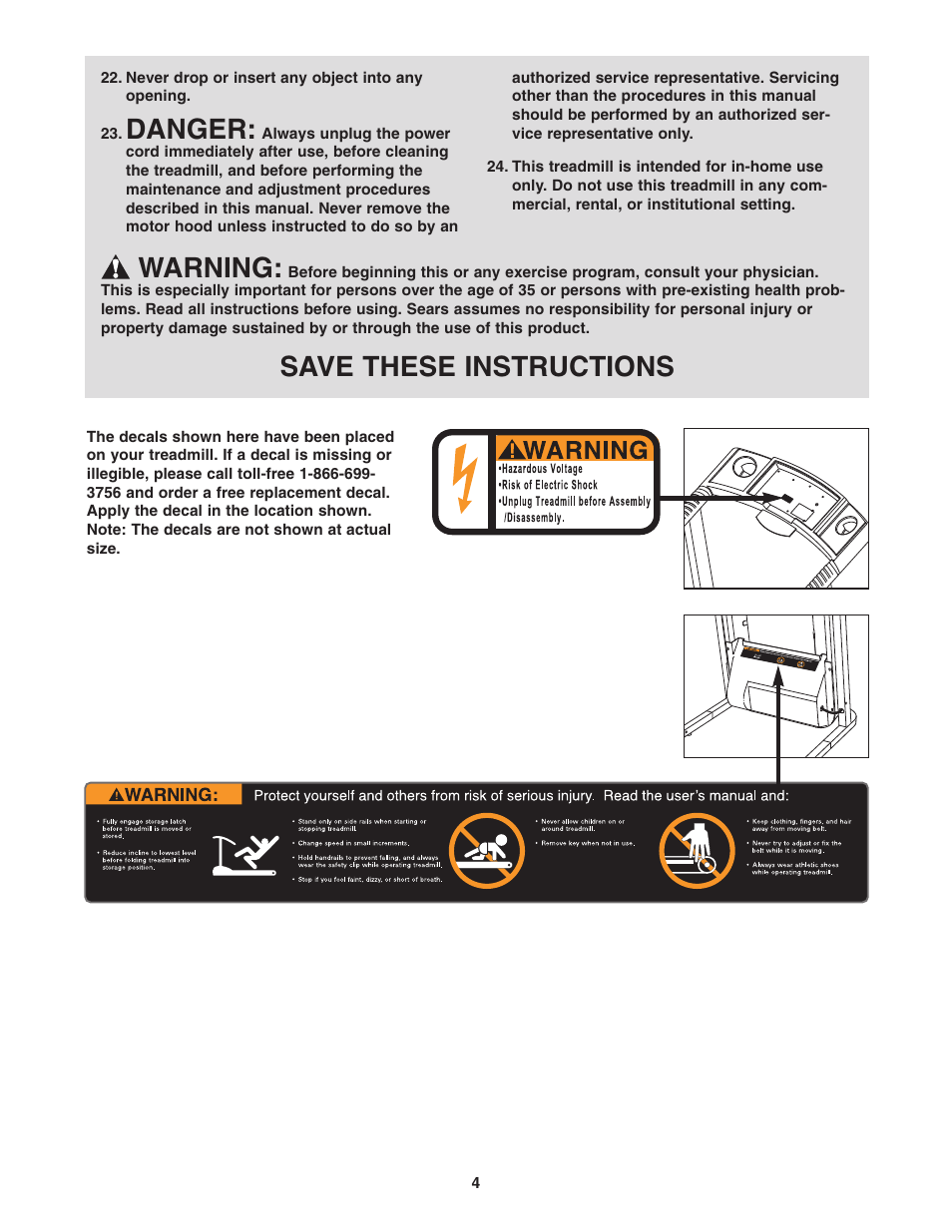 Danger, Warning, Save these instructions | Weslo 78e 831.29522.0 User Manual | Page 4 / 19