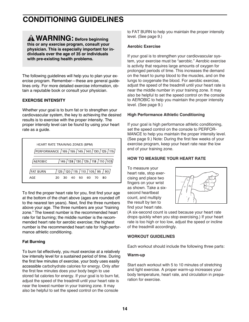 Conditioning guidelines, Warning | Weslo WLTL22191 User Manual | Page 14 / 18