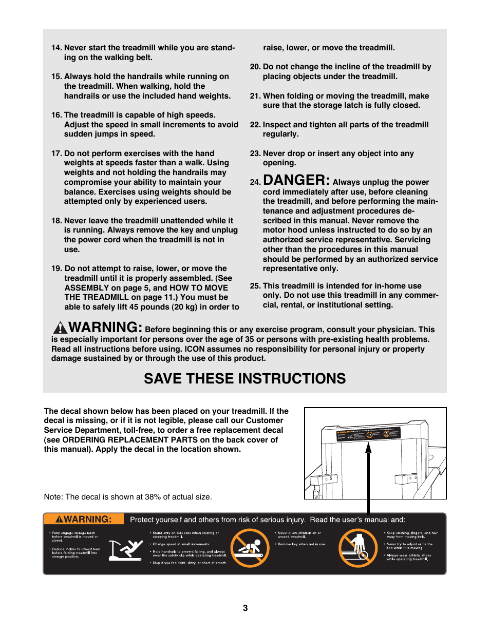 Danger, Warning, Save these instructions | Weslo WLTL22191 User Manual | Page 3 / 18