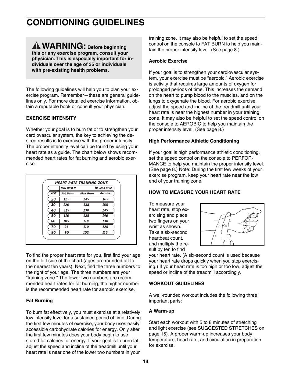 Conditioning guidelines, Warning | Weslo WLTL48590 User Manual | Page 14 / 18