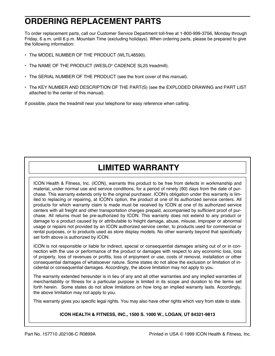 Ordering replacement parts, Limited warranty | Weslo WLTL48590 User Manual | Page 18 / 18