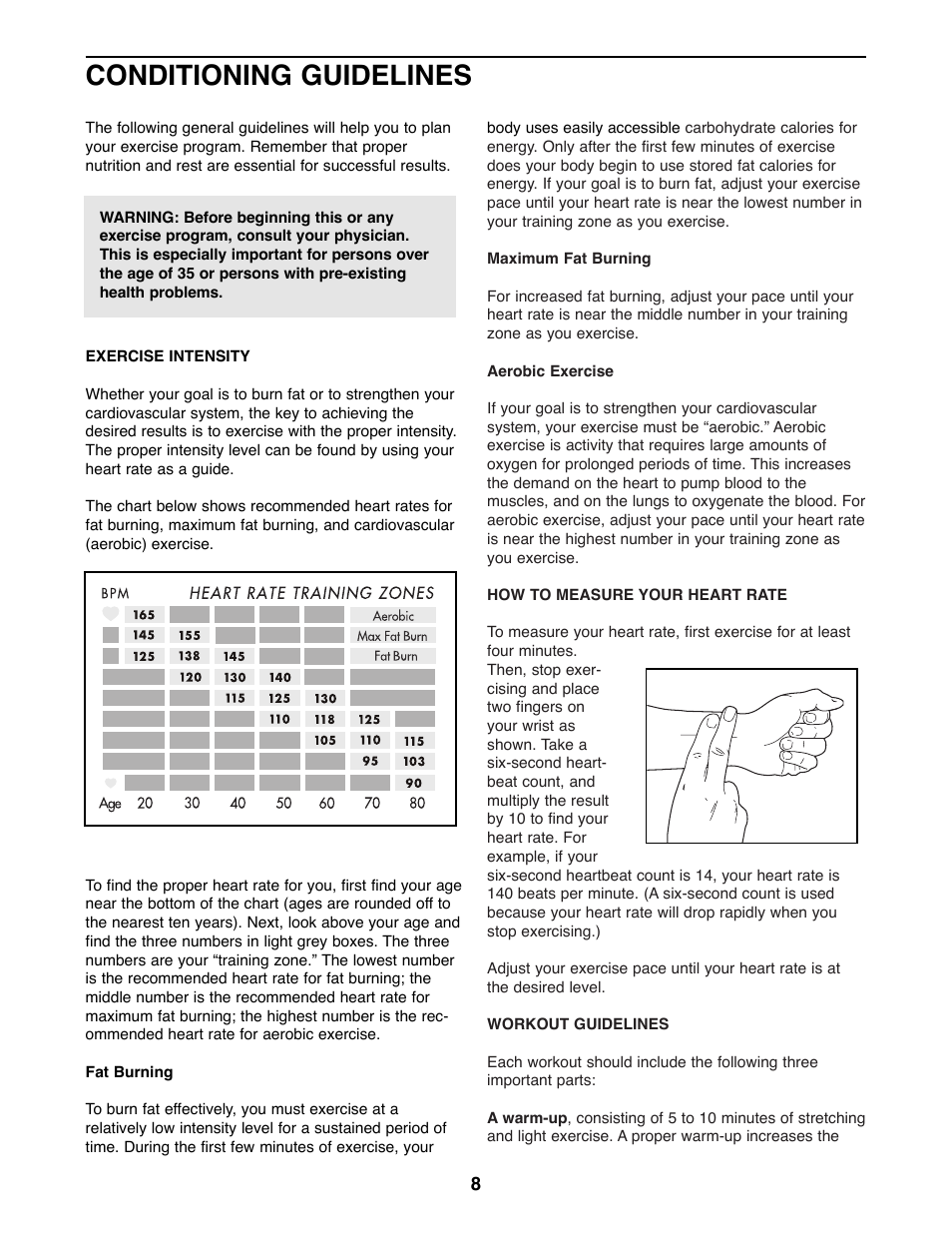 Conditioning guidelines | Weslo WLAW35075 User Manual | Page 8 / 12