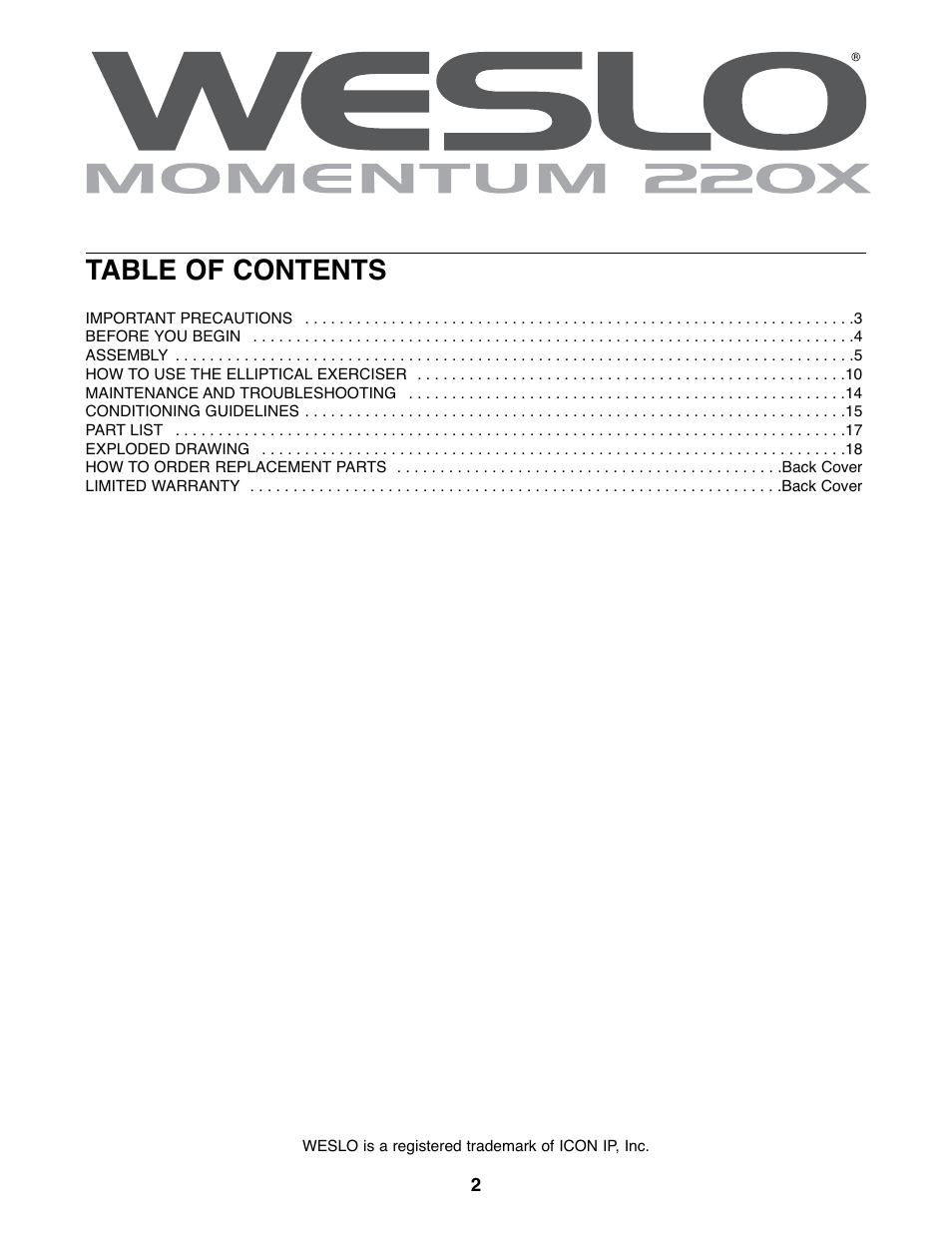 Weslo Momentum 220X WLEL2006.0 User Manual | Page 2 / 20