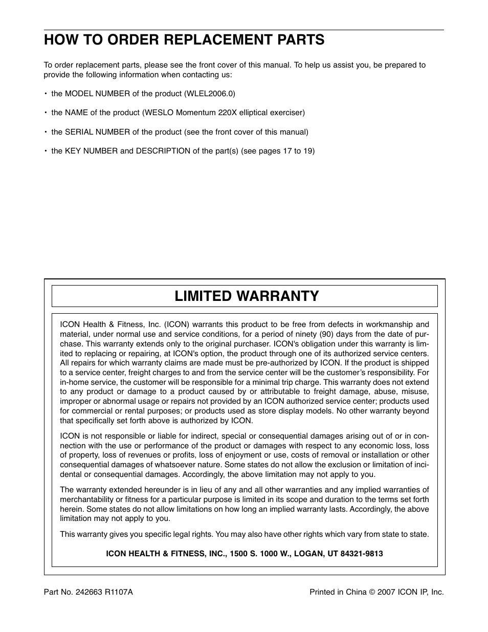 How to order replacement parts, Limited warranty | Weslo Momentum 220X WLEL2006.0 User Manual | Page 20 / 20