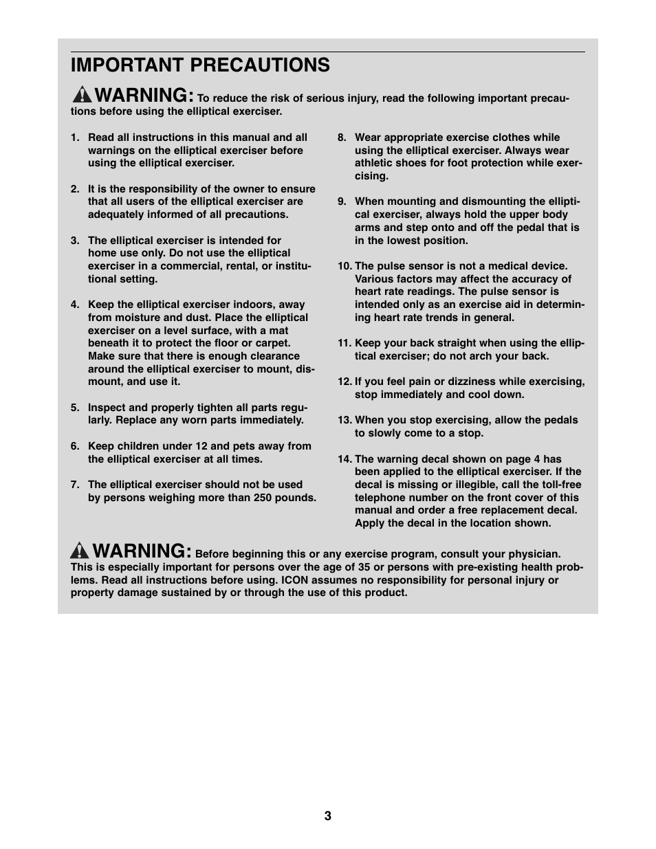 Important precautions warning, Warning | Weslo Momentum 220X WLEL2006.0 User Manual | Page 3 / 20