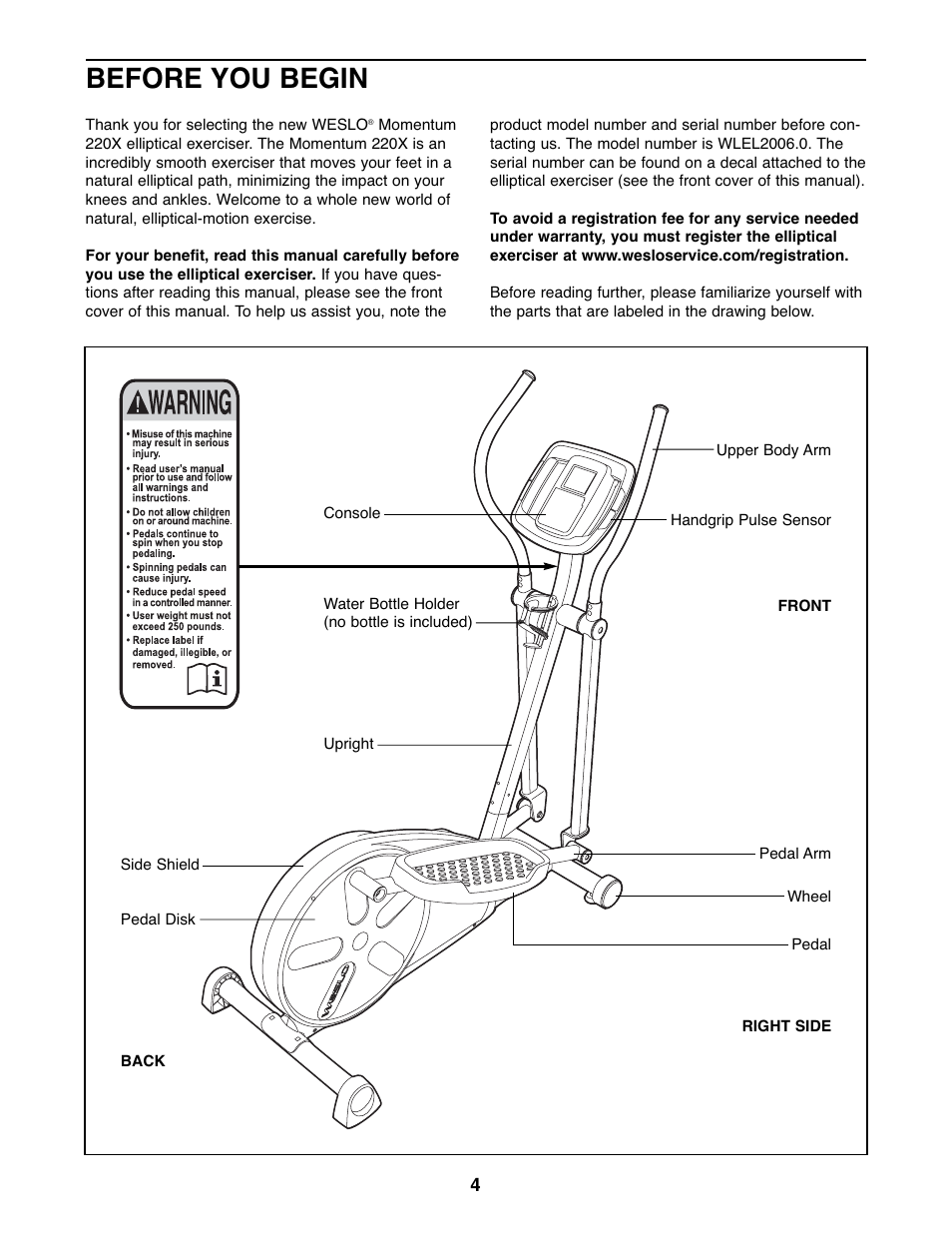 Before you begin | Weslo Momentum 220X WLEL2006.0 User Manual | Page 4 / 20
