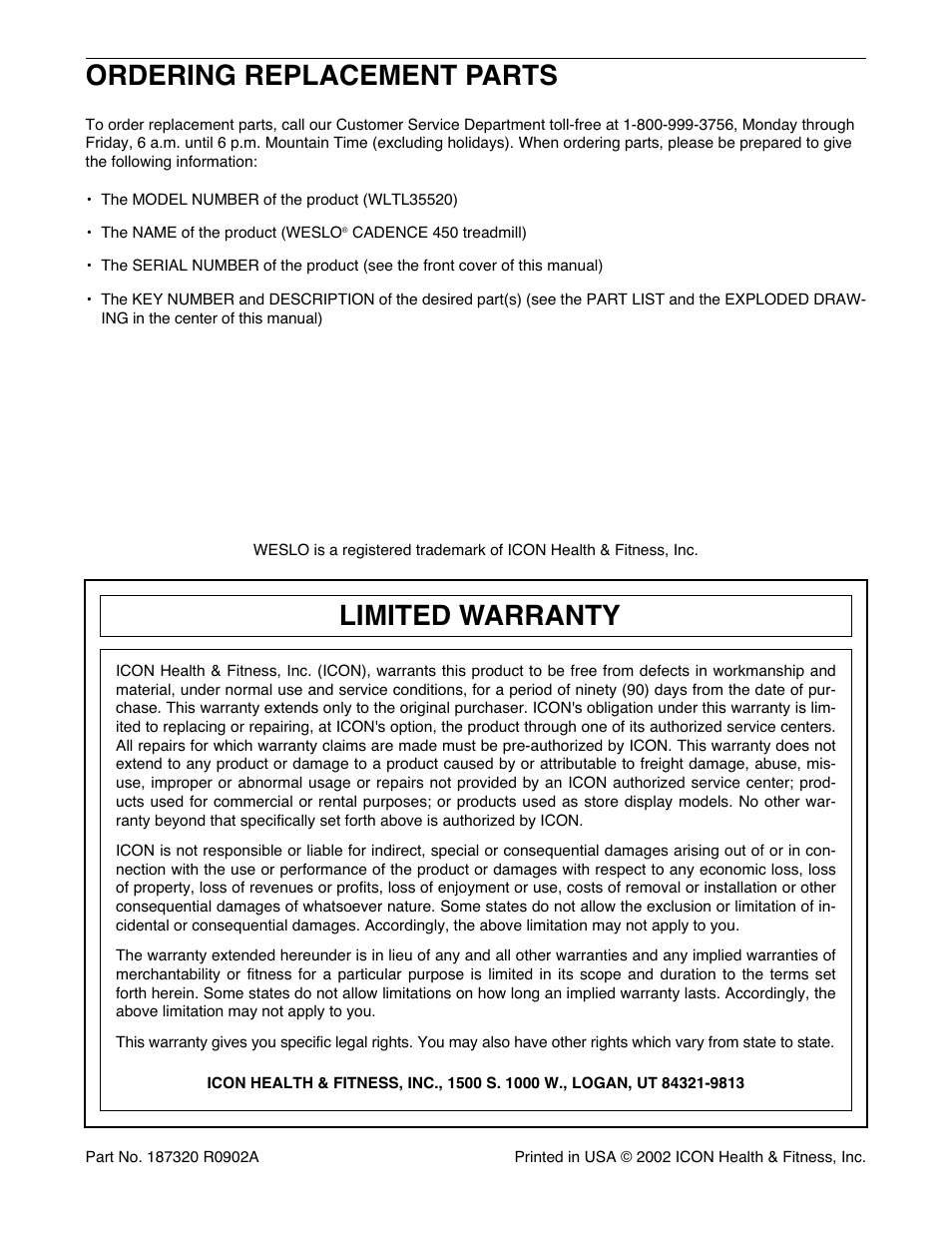 Ordering replacement parts, Limited warranty | Weslo WLTL35520 User Manual | Page 16 / 19