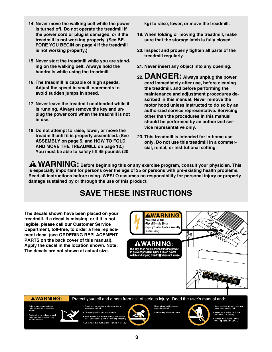 Danger, Warning, Save these instructions | Weslo WLTL35520 User Manual | Page 3 / 19