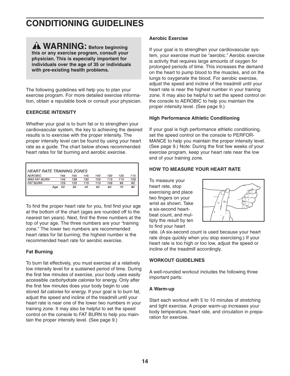 Conditioning guidelines, Warning | Weslo Cadence 78s 831.295021 User Manual | Page 14 / 19