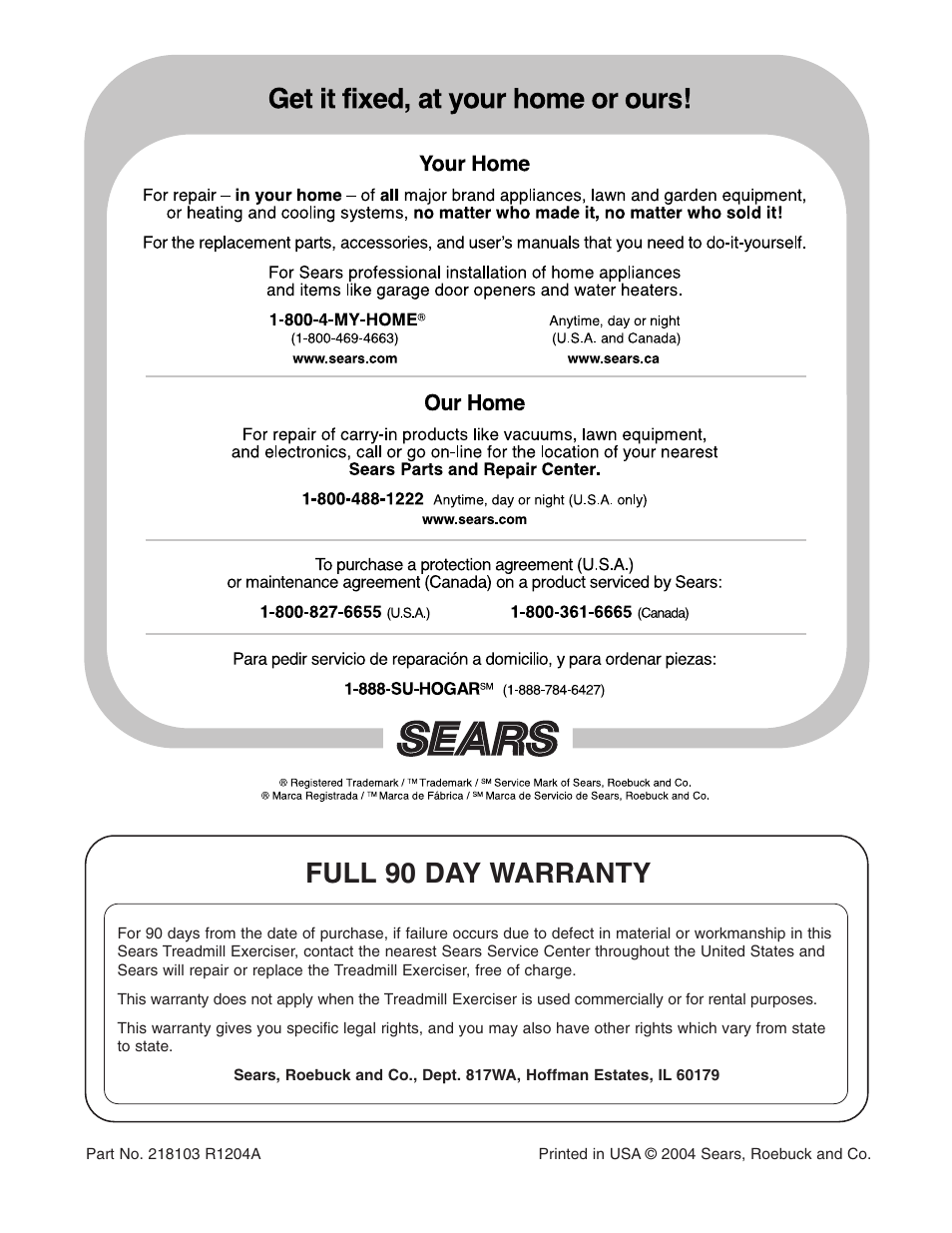 Full 90 day warranty | Weslo Cadence 78s 831.295021 User Manual | Page 19 / 19