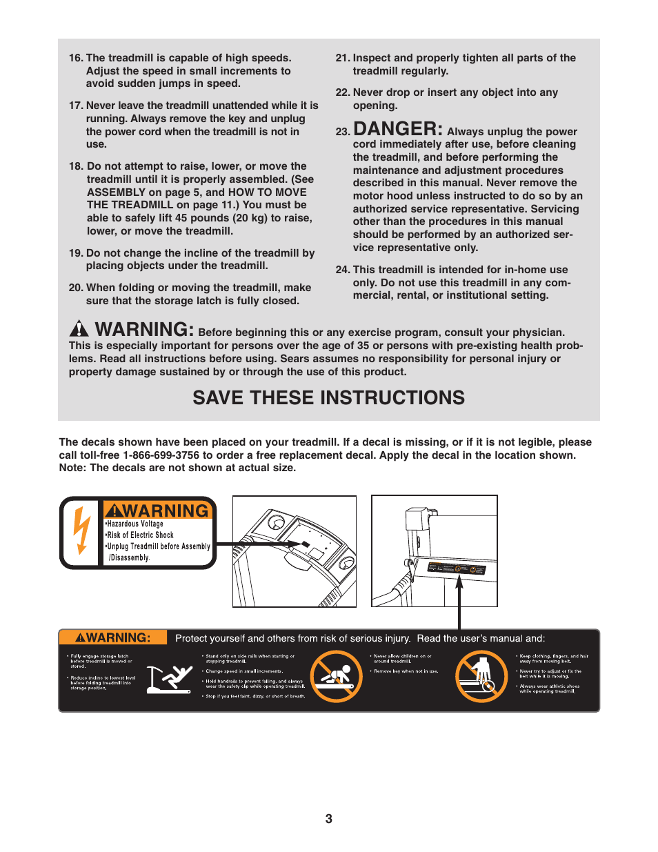 Danger, Warning, Save these instructions | Weslo Cadence 78s 831.295021 User Manual | Page 3 / 19