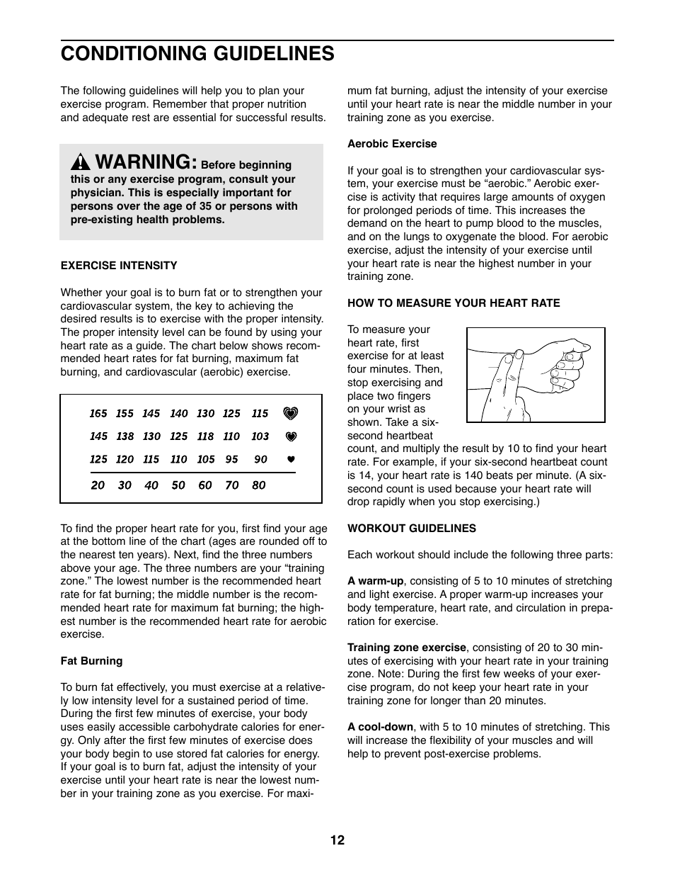 Conditioning guidelines, Warning | Weslo WLEX14820 User Manual | Page 12 / 16