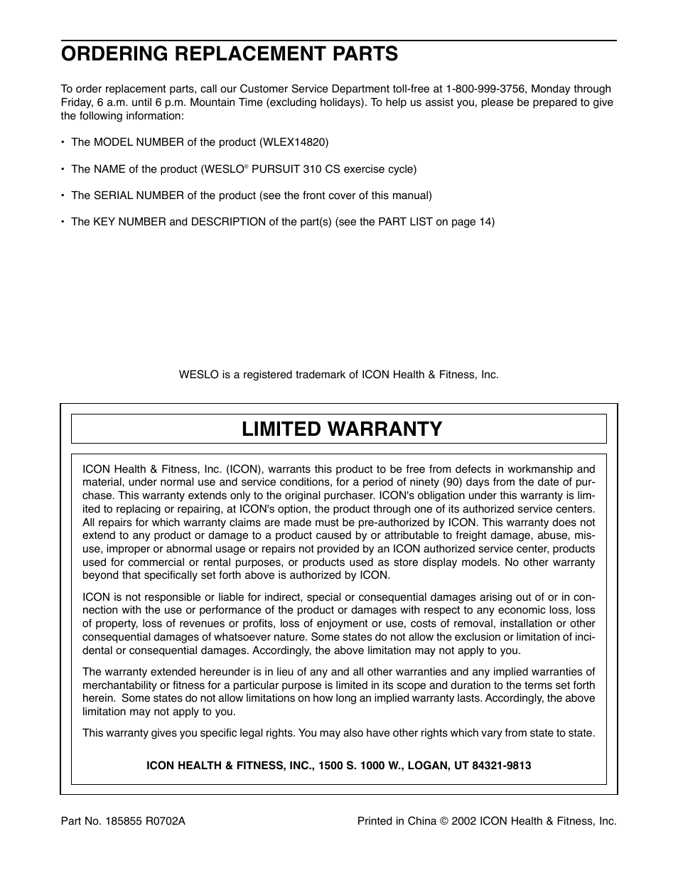 Ordering replacement parts, Limited warranty | Weslo WLEX14820 User Manual | Page 16 / 16