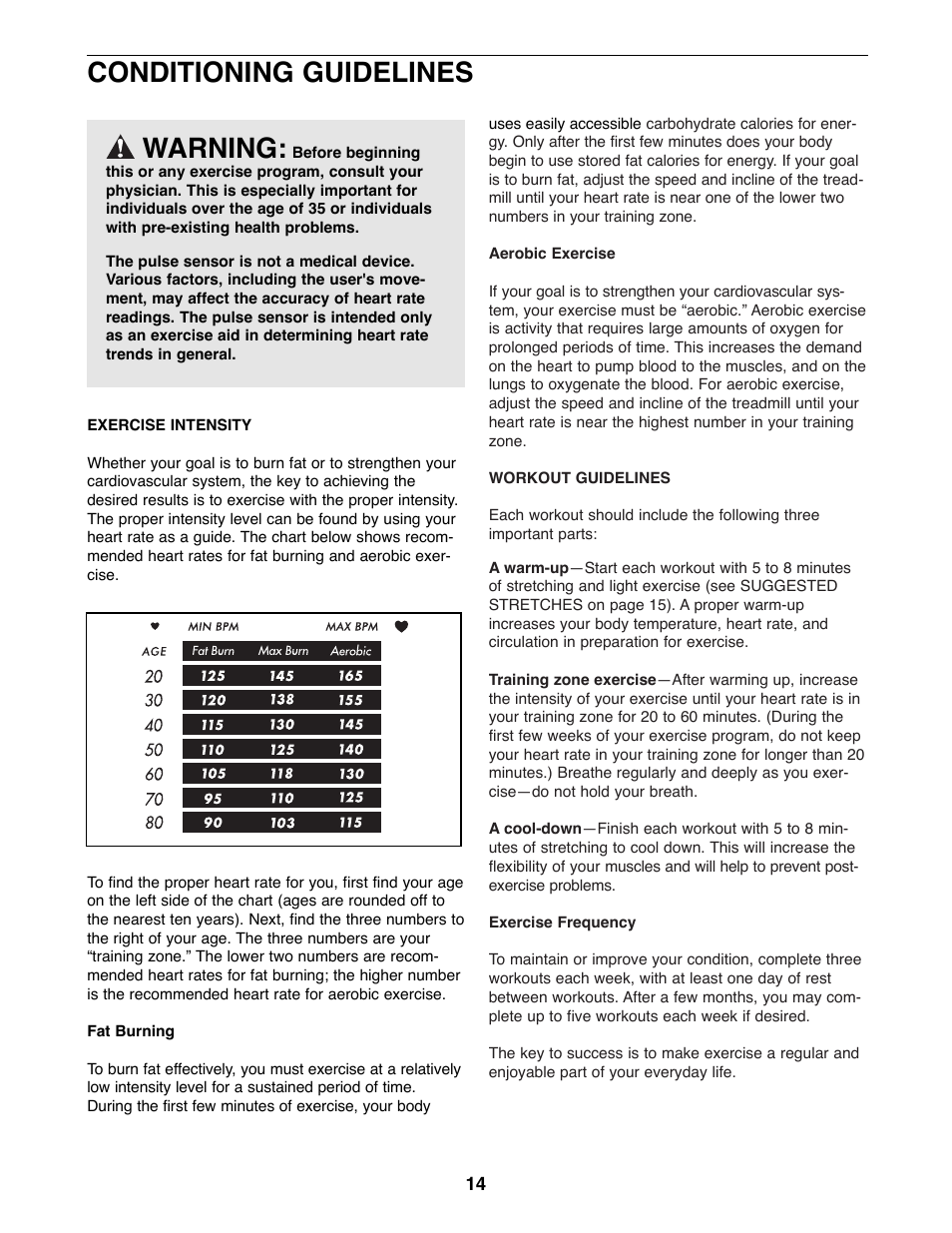 Conditioning guidelines, Warning | Weslo WLTL46090 User Manual | Page 14 / 18