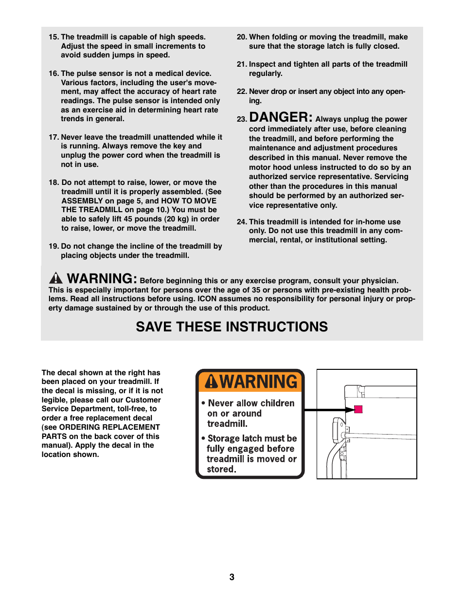 Danger, Warning, Save these instructions | Weslo WLTL46090 User Manual | Page 3 / 18