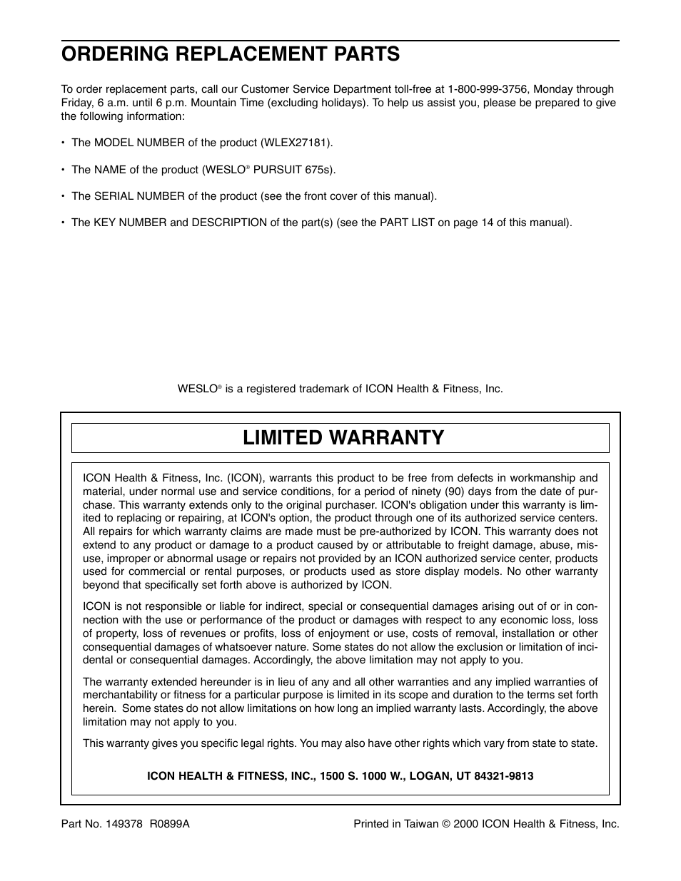 Ordering replacement parts, Limited warranty | Weslo WLEX27181 User Manual | Page 16 / 16