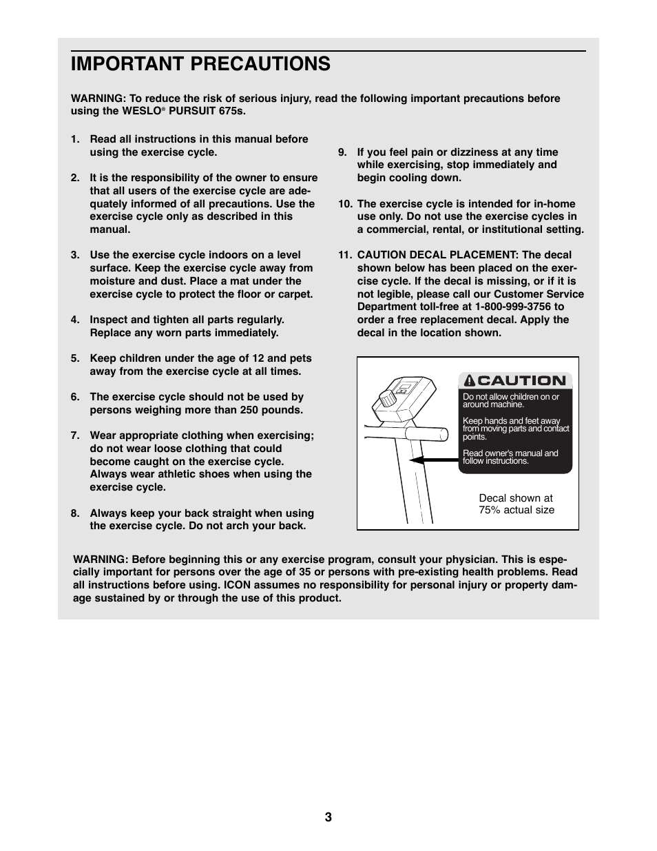 Important precautions | Weslo WLEX27181 User Manual | Page 3 / 16